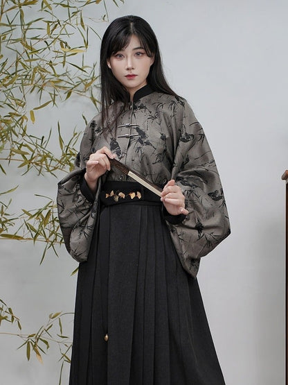 Banded Unisex with Blouse Sleeves Bamboo Pipa Grey Print Style Chinese Collar -