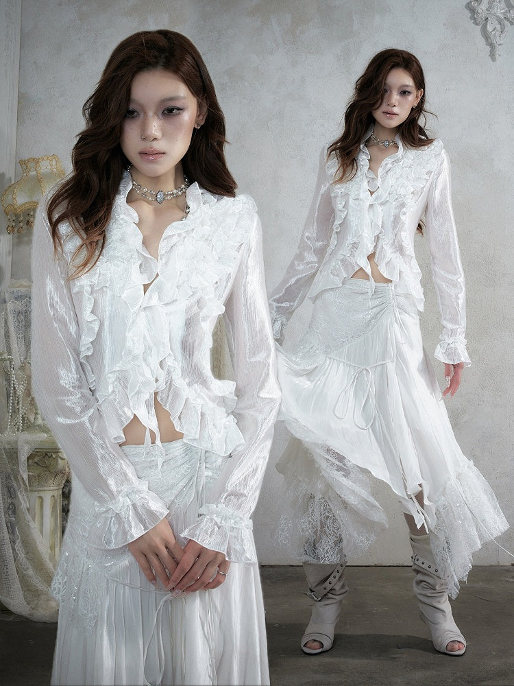Shimmery White Ruffle Decorated Long Sleeve Blouse with Tie-Back Waist Cinch - NO ROMANCE