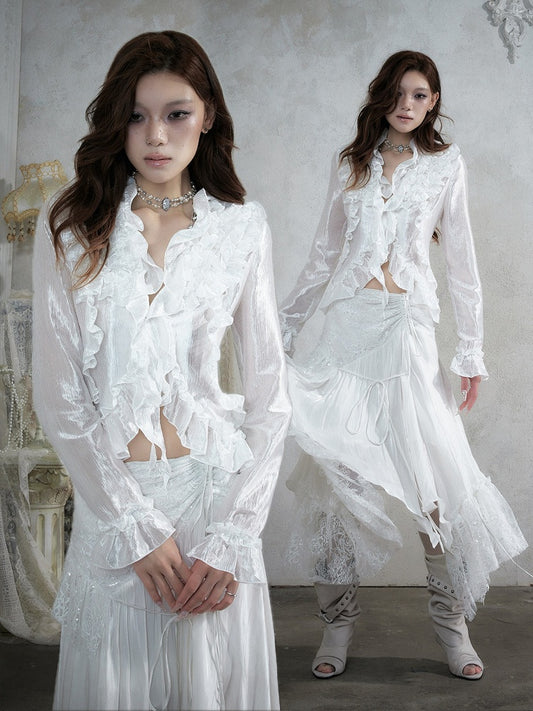 Shimmery White Ruffle Decorated Long Sleeve Blouse with Tie-Back Waist Cinch - NO ROMANCE