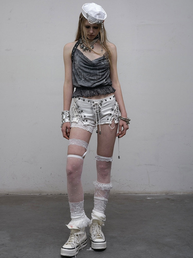 Studs Lace-up Shorts Punk Hem Raw Details Black/White Decorated Wasteland