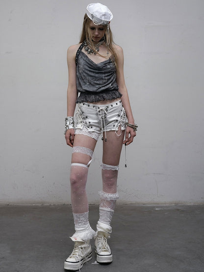 Studs Lace-up Shorts Punk Hem Raw Details Black/White Decorated Wasteland