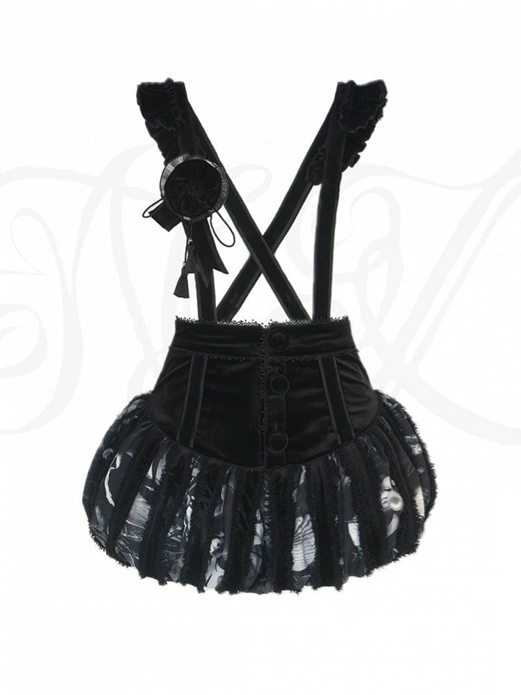 Shoulder Bloomers Lolita Gothic Black Printed Ruffled with Straps