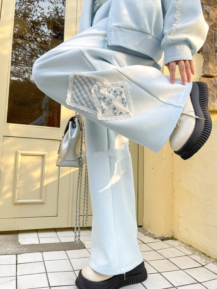 Blue/White Elastic Waist Floral Applique Wide-Leg Pants Regular/Short Version