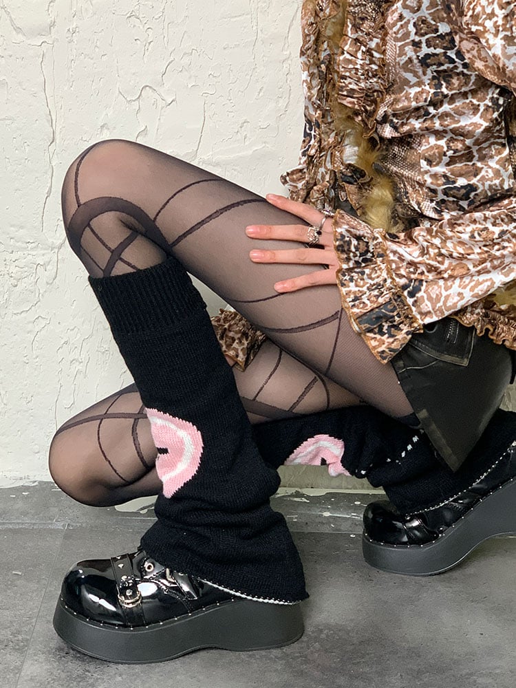 Yami Kawaii Schwarze Y2K Herz-Kreuz-Muster Beinwärmer