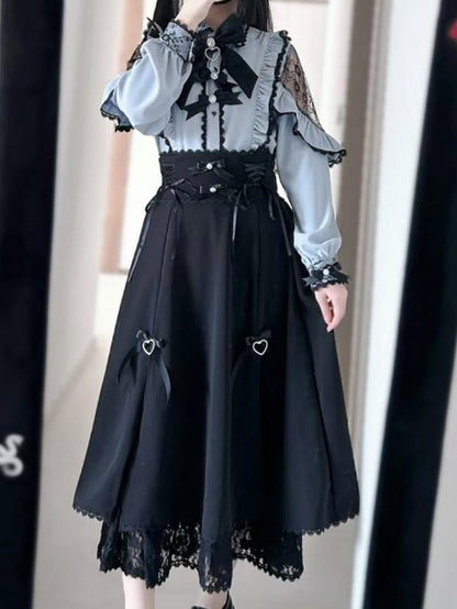 トリムデザインケイスカートジライブラックレースアップディテールレーススリットサイド