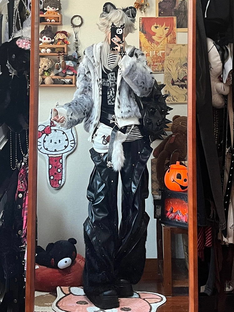 Print - Cat Bag White Waist Canvas with Skeleton Design Ear Letter Punk