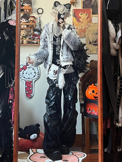 Print - Cat Bag White Waist Canvas with Skeleton Design Ear Letter Punk