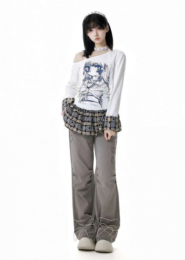 Asymmetrical Neckline Anime Girl Print Plaid Patchwork White/Red Design Top