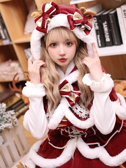+ Christmas Full White Sleeves Lolita Long Set Red Dress Cape Top