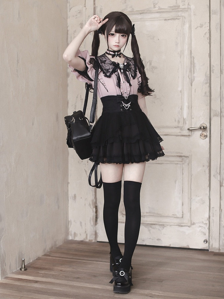 Jirai Kei Black & Pink Lace Cutout Shoulder Short Sleeve Ruffle Blouse - Ekomi