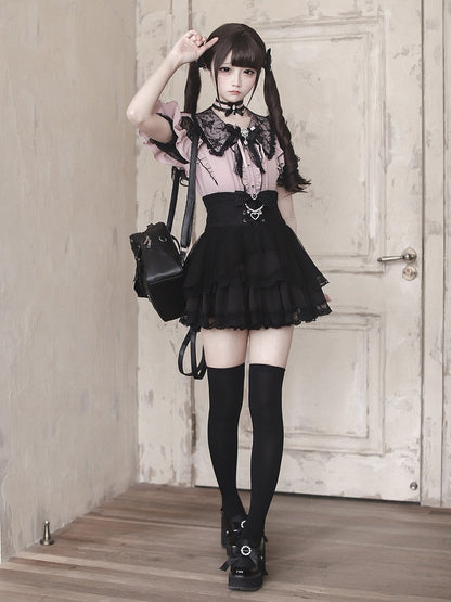 Jirai Kei Black & Pink Lace Cutout Shoulder Short Sleeve Ruffle Blouse - Ekomi