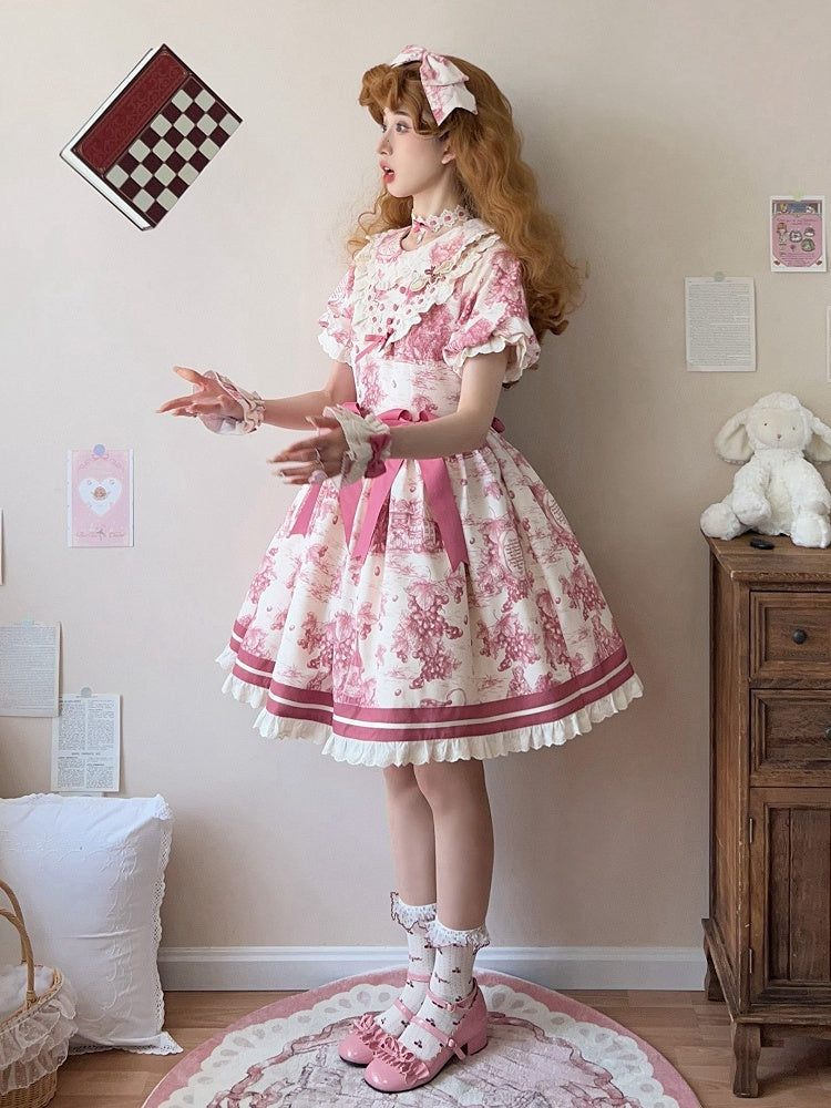 Collar Sleeves Peter Print Short Grapes Dress Pan Pink Lolita