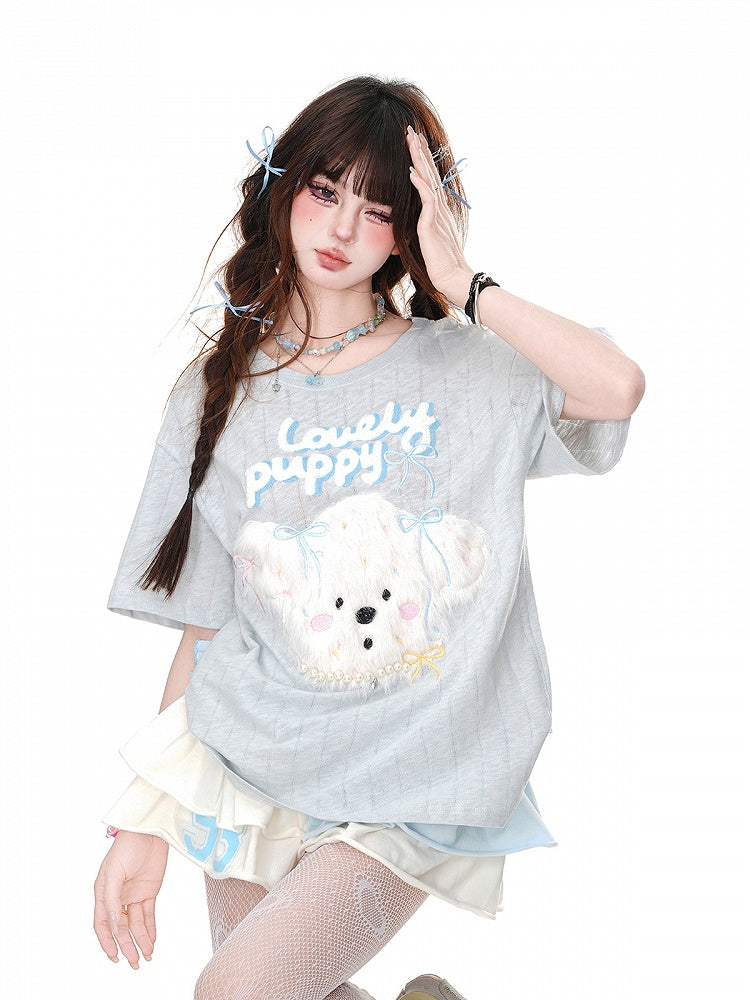 Loose T-Shirt Adorable Plush Puppy Bow Embroidered Blue