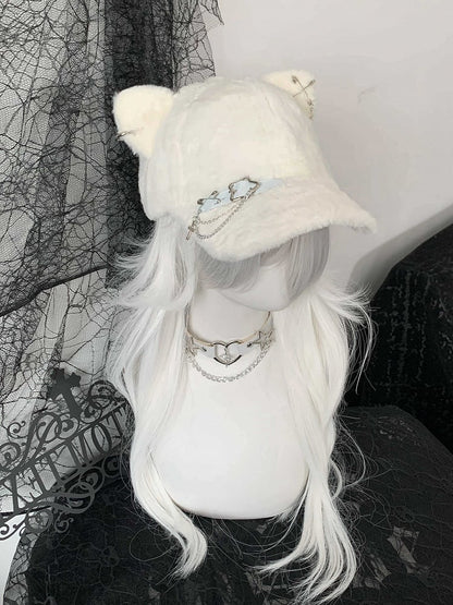 Punk - Cat-Ear Detail Japanese with Cap Cute Baseball Black Style Chain