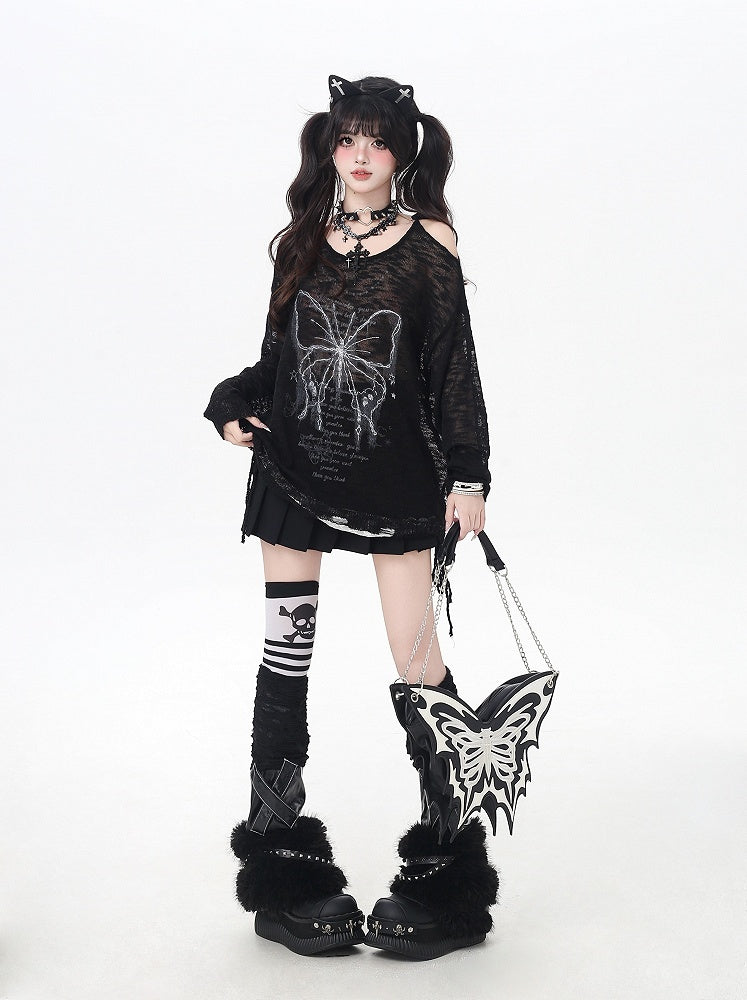 Trim Black/Beige Butterfly Print Cutout Shoulder Lace