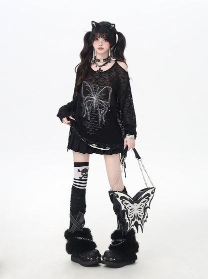 Trim Black/Beige Butterfly Print Cutout Shoulder Lace