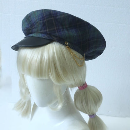 ダークブルー/レッド/グリーンのチェック柄ベレー帽