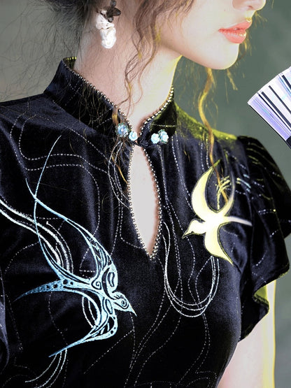 Chinese Black Blue Shimmer Velvet Long Qipao Swallow Embroidery - sijinstudio