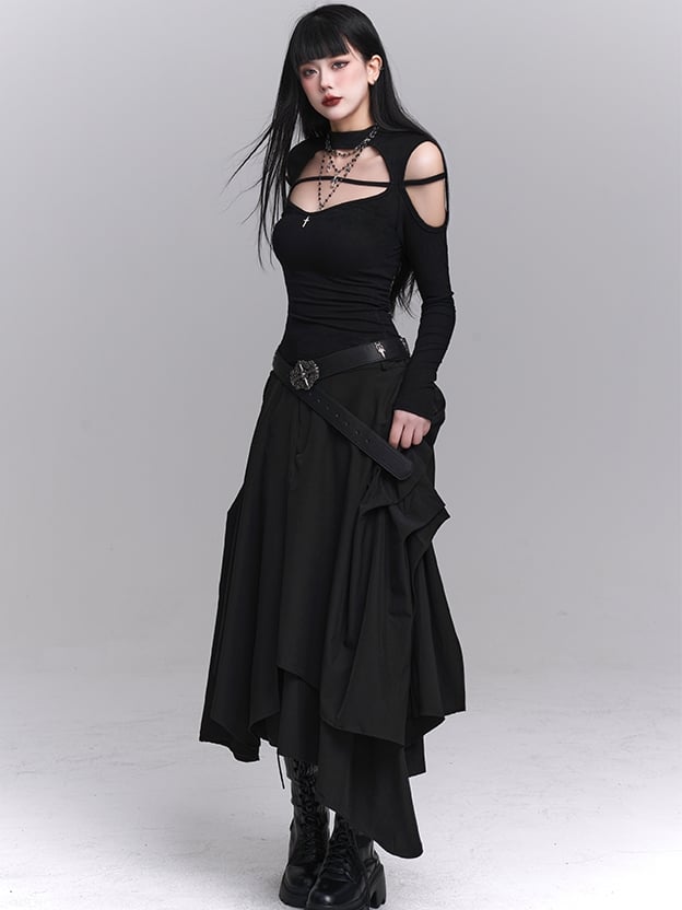 ブラック クルーネック カットアウト ショルダー クロス エンベリッシュド トップス