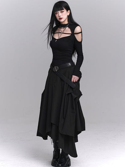 ブラック クルーネック カットアウト ショルダー クロス エンベリッシュド トップス