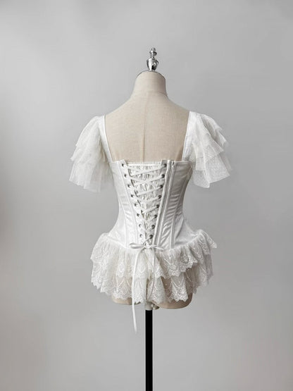 White Gothic Lolita Boned Corset Top – Square Neck + Butterfly Sleeves | Puppet Mind Book