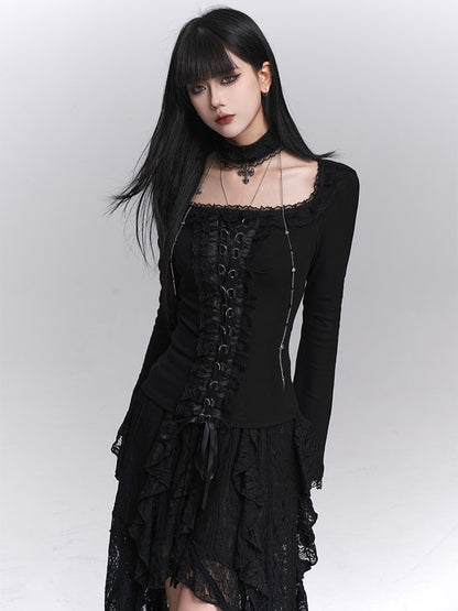 Crisscross Choker Black Gothic Trim with Lace-Up Top Lace Front Halloween Matching