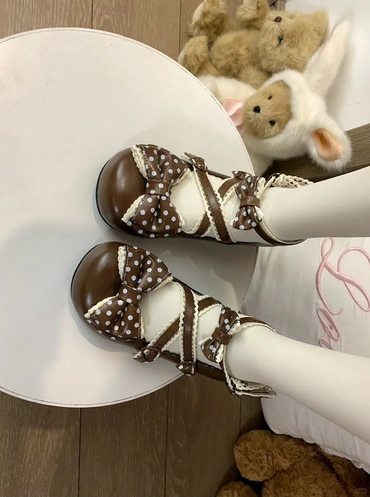 Lolita Dark Low-heel Shoes Brown Crossed Embellished Polka Sweet with Bows Straps