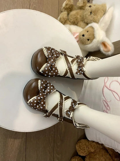 Lolita Dark Low-heel Shoes Brown Crossed Embellished Polka Sweet with Bows Straps