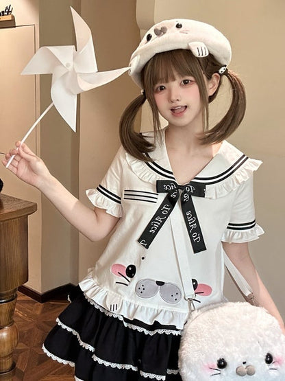 Cute Seal White Sailor Collar Short Sleeve T-Shirt with Bow and Ruffle - To Alice