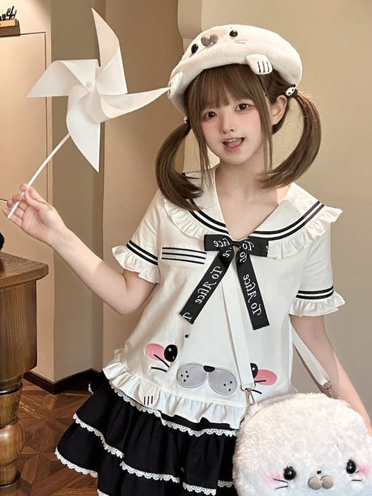 Cute Seal White Sailor Collar Short Sleeve T-Shirt with Bow and Ruffle - To Alice