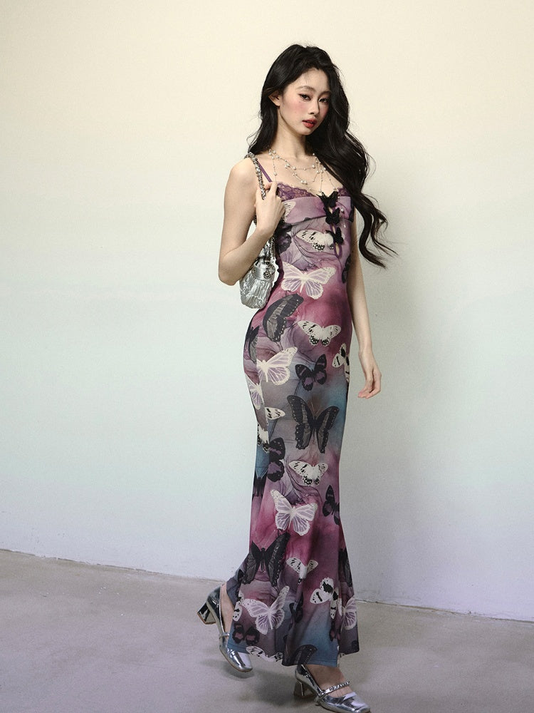 Purple Butterfly Print Cutout Detail Mermaid Skirt Slip Dress