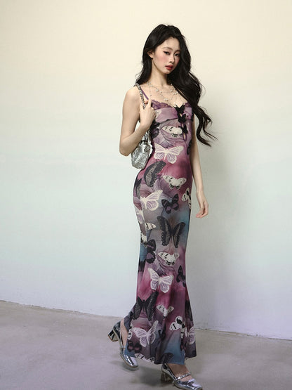Purple Butterfly Print Cutout Detail Mermaid Skirt Slip Dress
