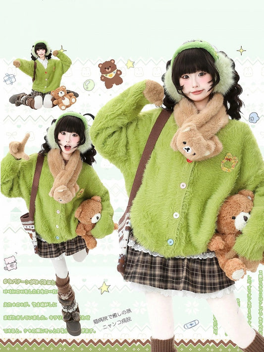 Buttons Colorful Daily V-neck Kawaii Green with Design Bunny Cardigan