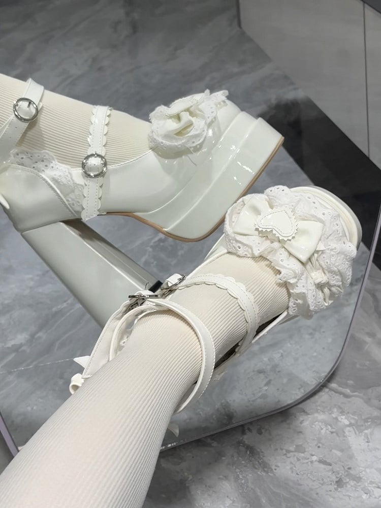 Heel Shoes Mary Lace Accents Bow Lolita Platform High with Sweet Jane and Trim White Block