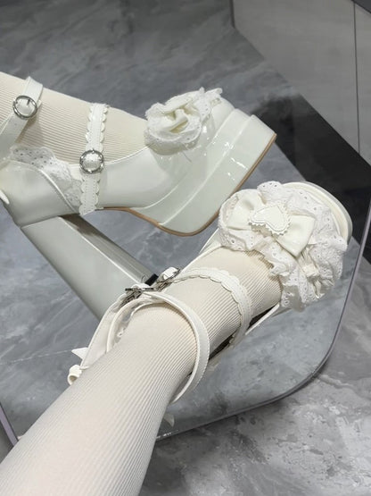 Heel Shoes Mary Lace Accents Bow Lolita Platform High with Sweet Jane and Trim White Block