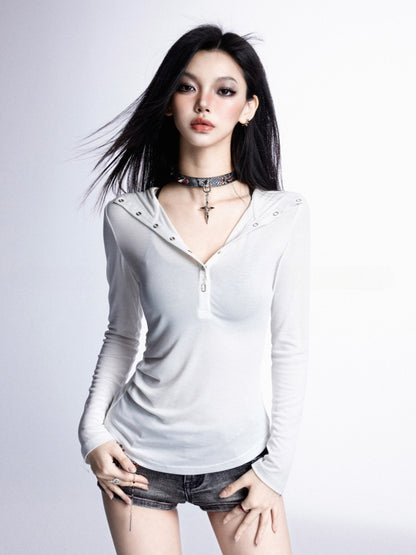 Snap Placket Neckline Sun Protection Hooded Top White Partial