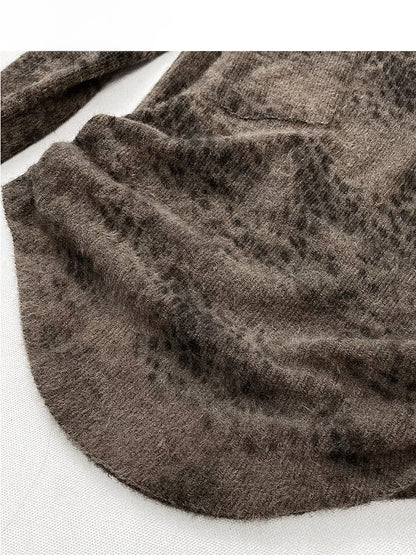 Coffee Leopard Pattern V-neck Top with Scarf