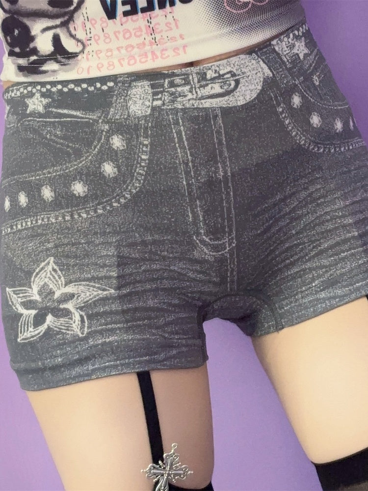 Y2K Denim Print Blue/Black/Gray With Shorts