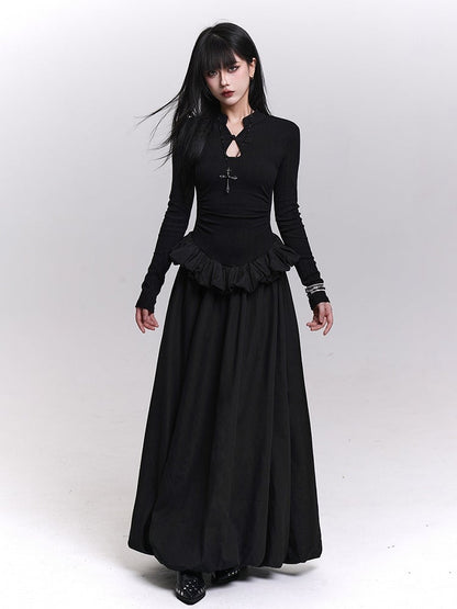 Black Knit Maxi Bubble Dress with Ruffled Hem