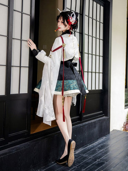 Green Chinoiserie + Balck White Cropped Crane Dress Lolita Tassel Top with Accents Embroidery