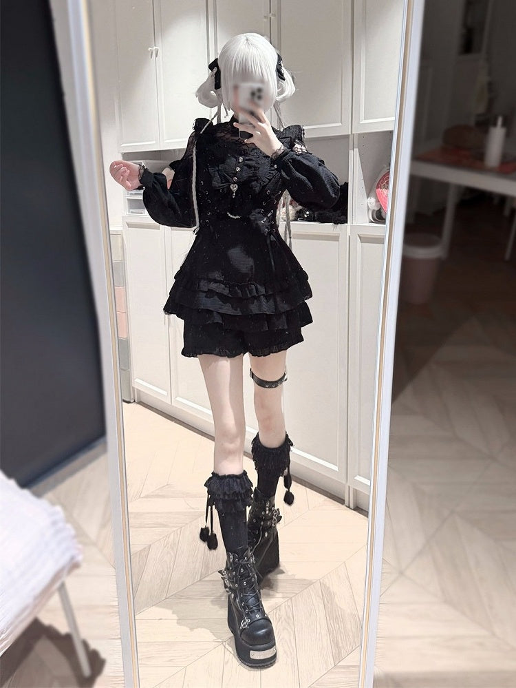 Gingham Black Jirai Kei Lace Patch Dress Shorts Bow Tie Set - Jiuniang Cherry