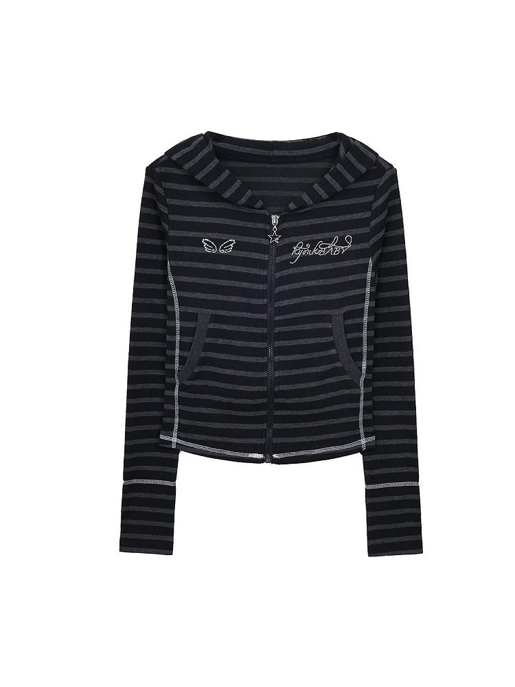 Striped with Gray Jacket Black Accents Rhinestone Star-shaped Zipper Closure Y2K