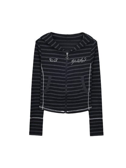 Striped with Gray Jacket Black Accents Rhinestone Star-shaped Zipper Closure Y2K