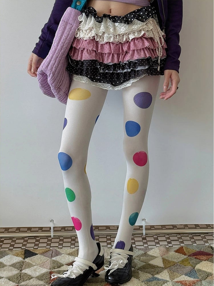 Polka Colorful Dot Style) Oversized Y2K Opaque Pantyhose (Playful