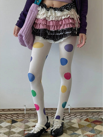 Polka Colorful Dot Style) Oversized Y2K Opaque Pantyhose (Playful