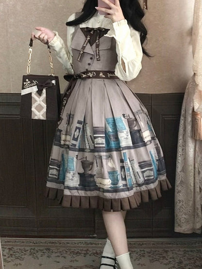 Gray Brown Coffee Cup Bookshelf Print Elegant JSK Dress Ruffled Hem - Dream Whale