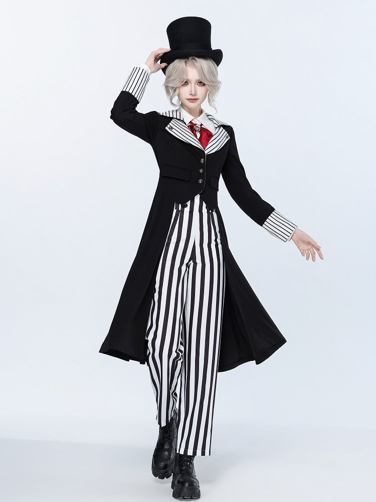 Striped Lapel Tailcoat with Clown Motif Black Accents - DevilInspired Exclusive Collection