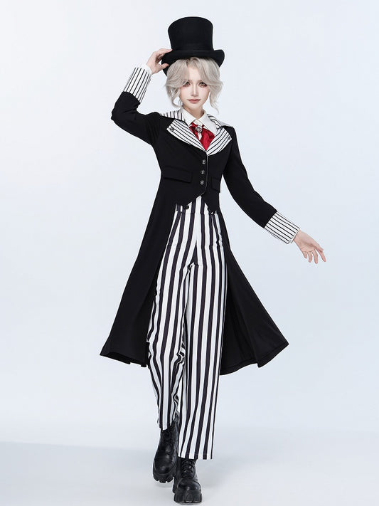 Striped Lapel Tailcoat with Clown Motif Black Accents - DevilInspired Exclusive Collection
