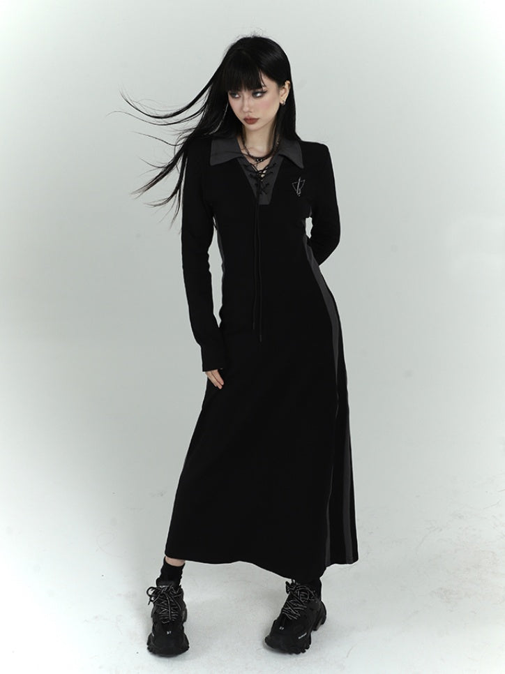 Gothic Black Dress with Lace-up Detail at Front
