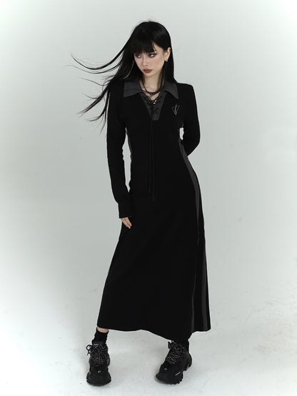 Gothic Black Dress with Lace-up Detail at Front
